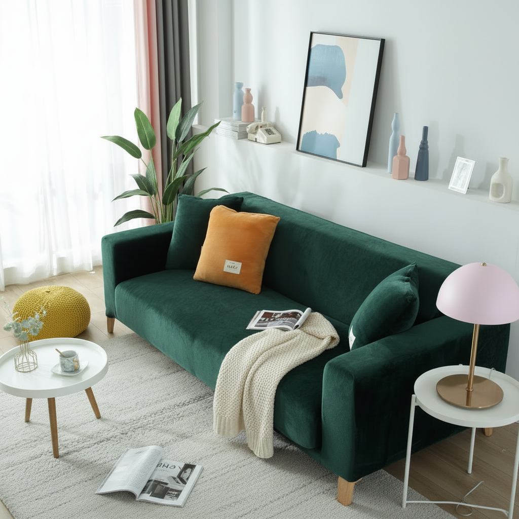 Elegant Dark Green Velvet Couch Cover styled in a modern living room lifestyle setting