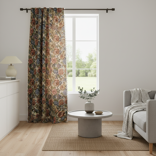 Heritage Rose Bloom Tassel Curtain hung on a window in a styled room