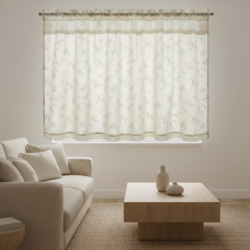 Nordic Bloom UV-resistant kitchen cabinet curtain hung on a window in a styled room