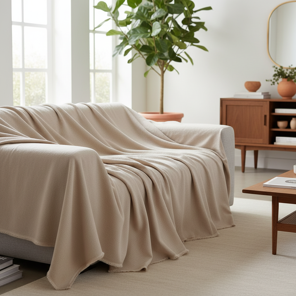 Milk Tea Soft Throw Blanket draped over a sofa in a modern living room
