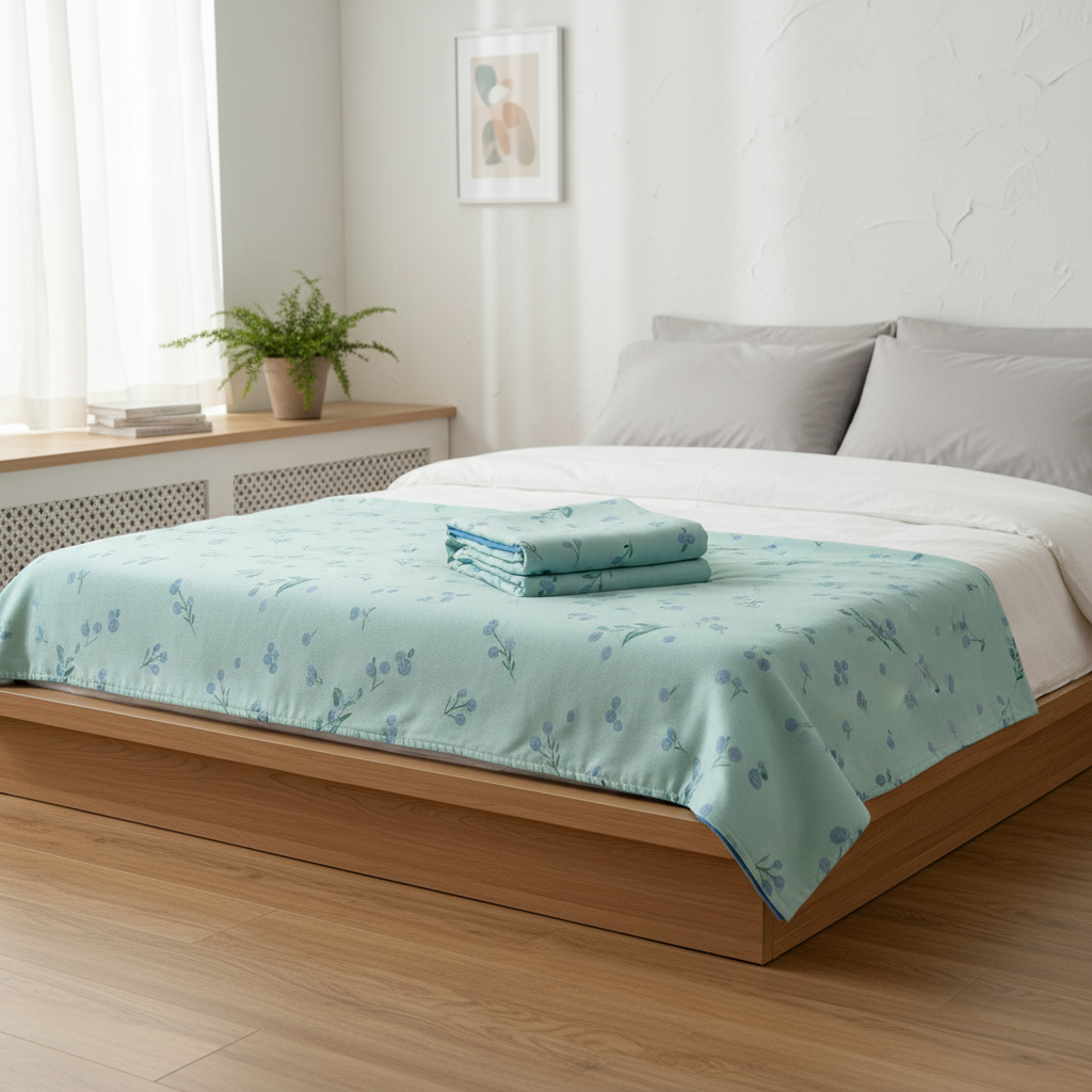 Blue floral bamboo cooling blanket on a bed in a modern room