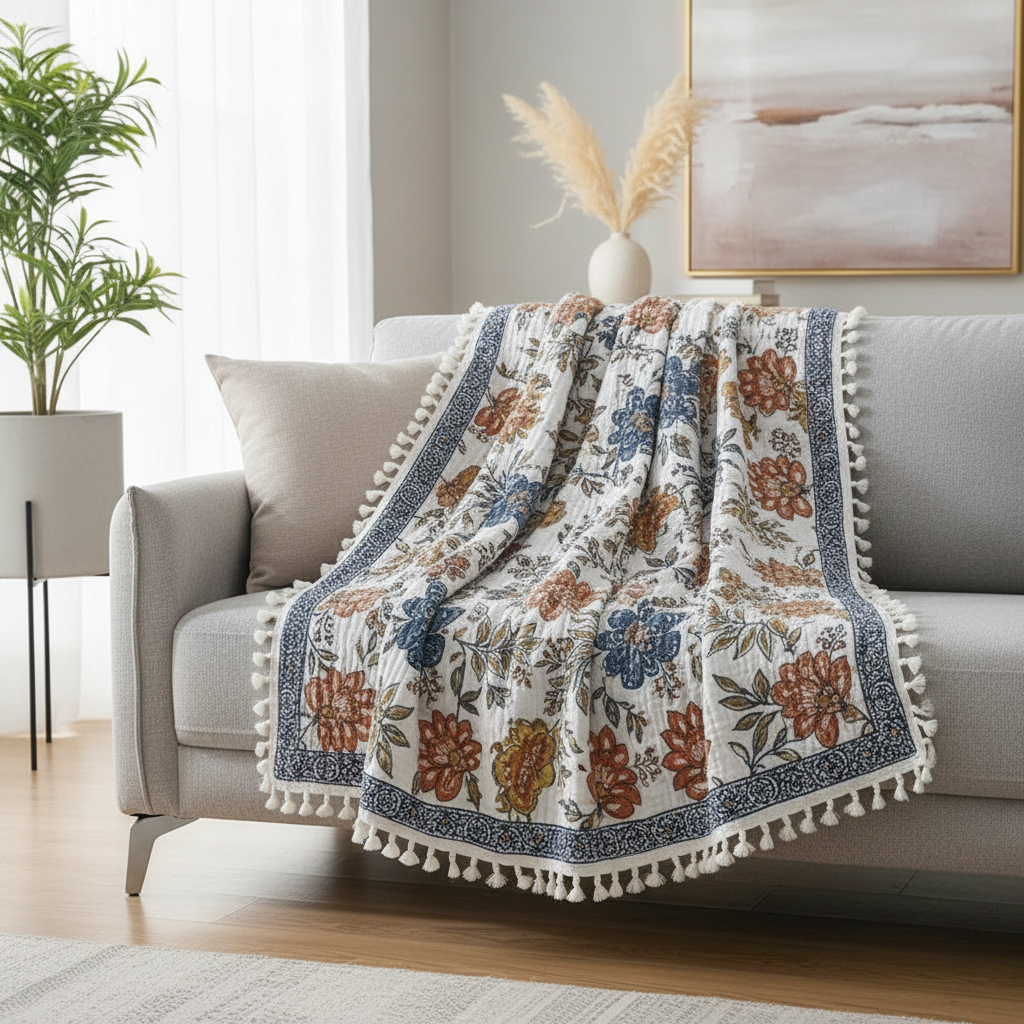 Rustic Artistic Flora Cotton Blanket styled in a cozy room