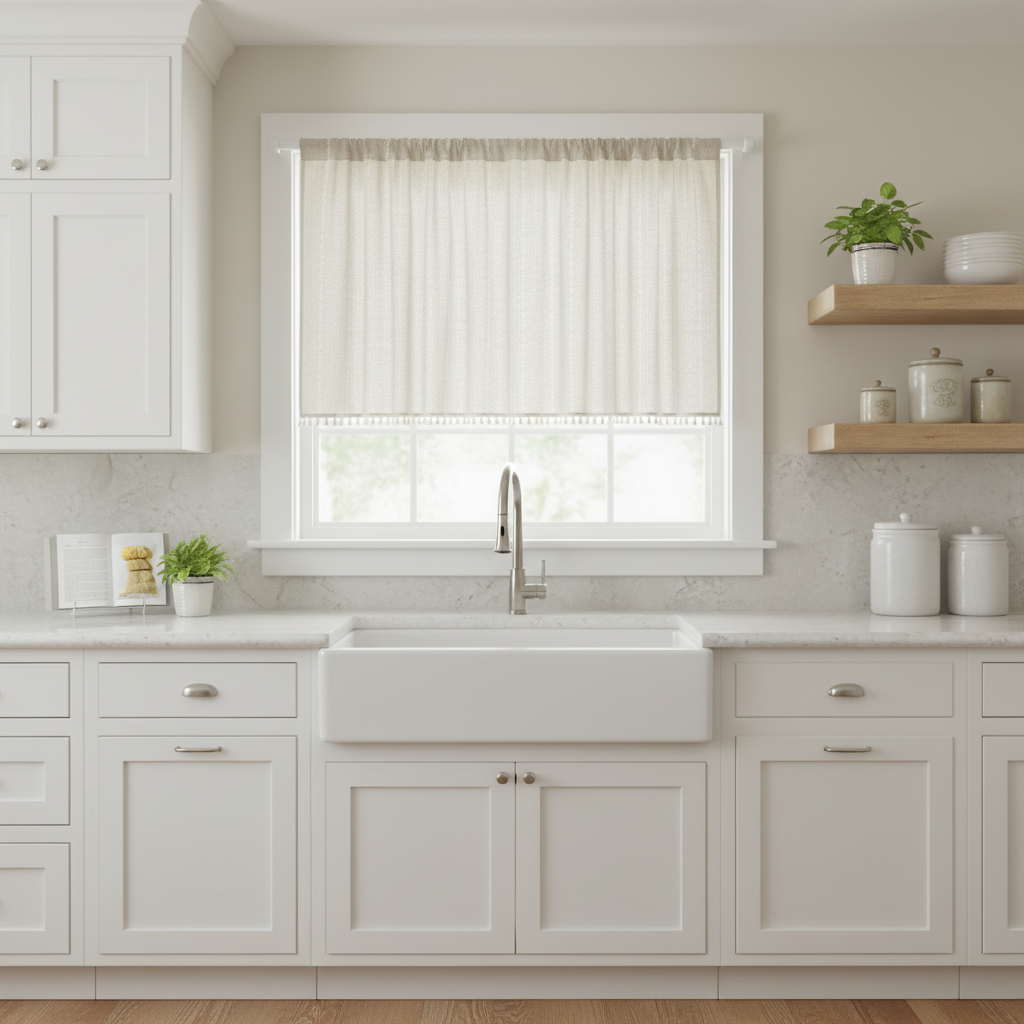 Boho Cotton Linen Kitchen Curtain lifestyle - hung on kitchen window