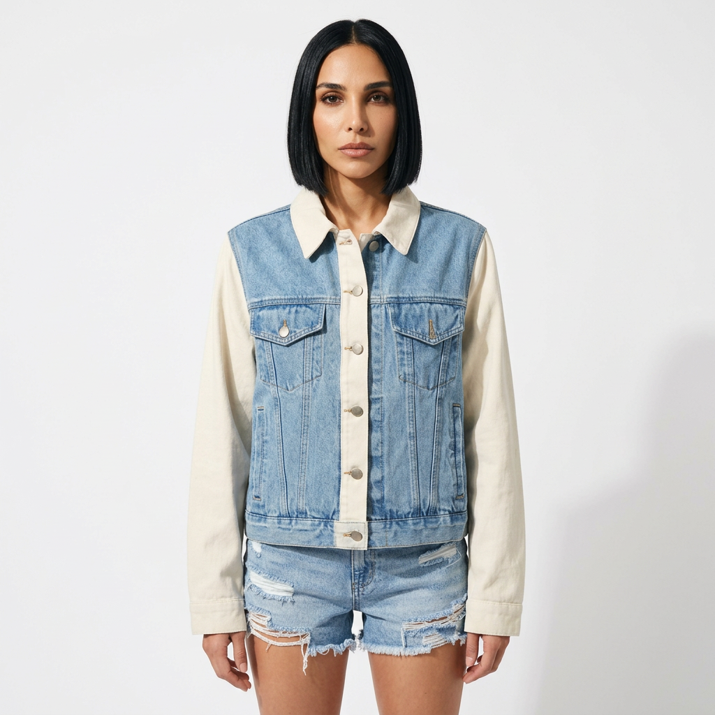 Ainsley Women's Mixed Media Denim Jacket | Double Placket, Contrast Sleeves