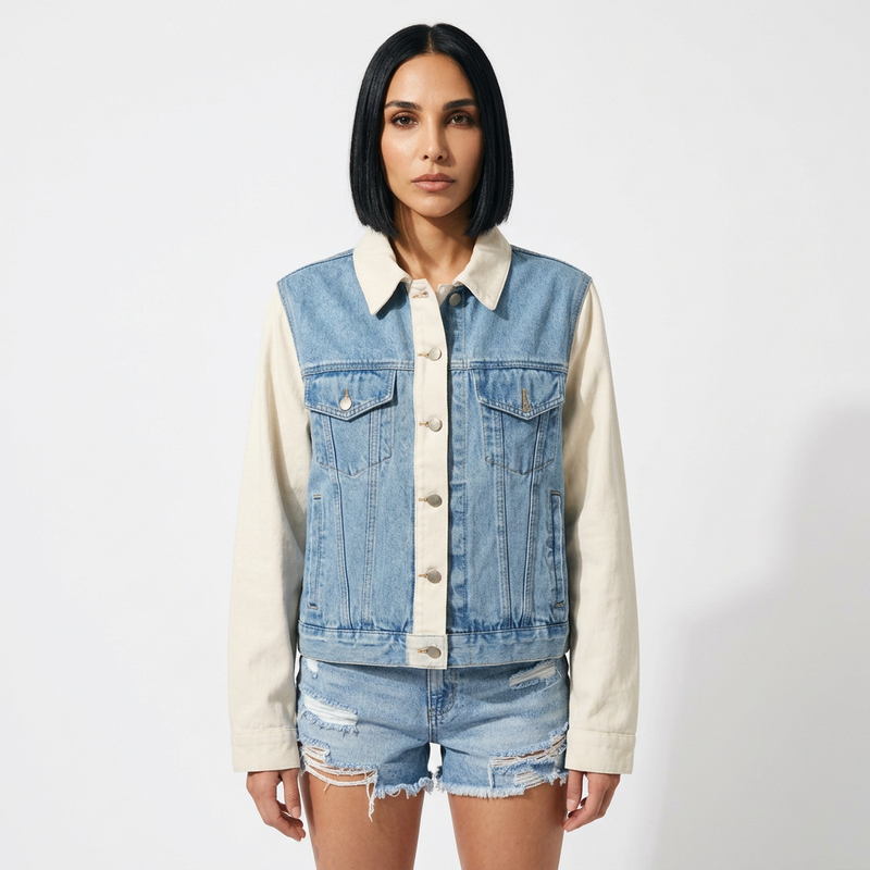 Ainsley Women's Mixed Media Denim Jacket | Double Placket, Contrast Sleeves