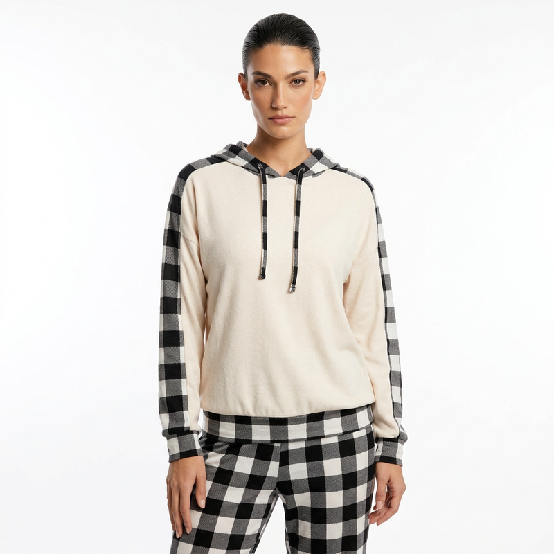 Amara Women's Lounge Set | Drawstring Hooded Top, Plaid Pants