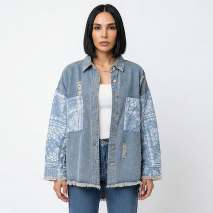 Veste en Denim Mixte pour Femme Aria | Manches Matelassées Paisley, Ourlet Brut