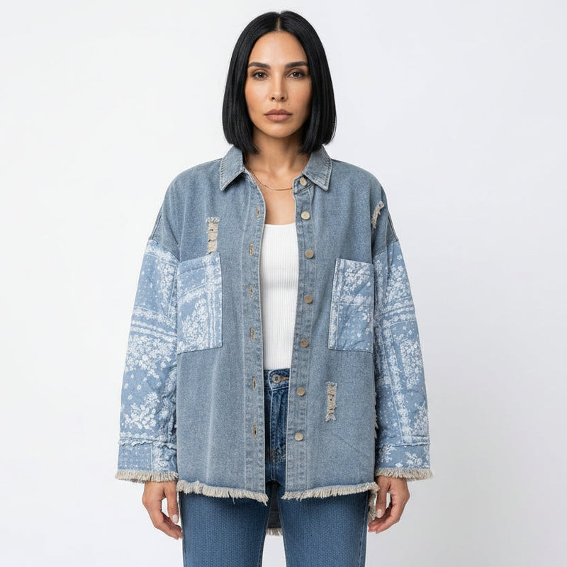 Veste en Denim Mixte pour Femme Aria | Manches Matelassées Paisley, Ourlet Brut