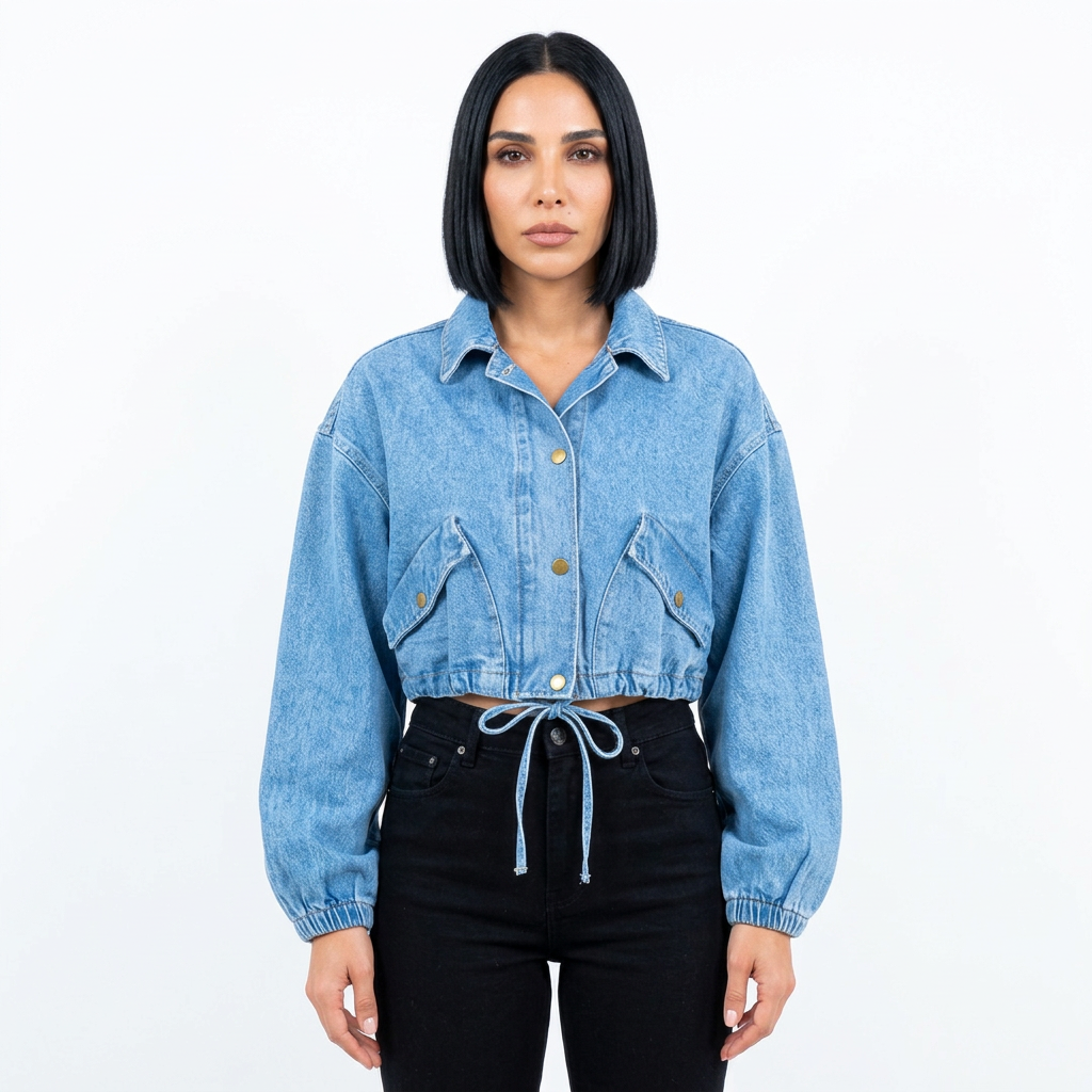 Ava Women's Crop Denim Jacket | Drawstring Waist, Zipper Front