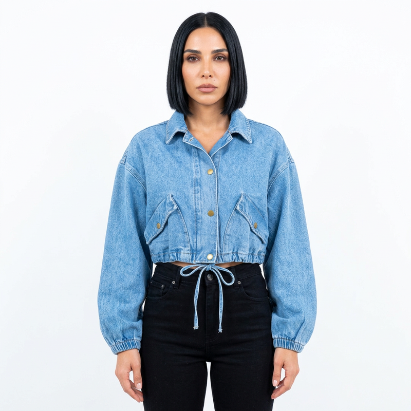Ava Women's Crop Denim Jacket | Drawstring Waist, Zipper Front