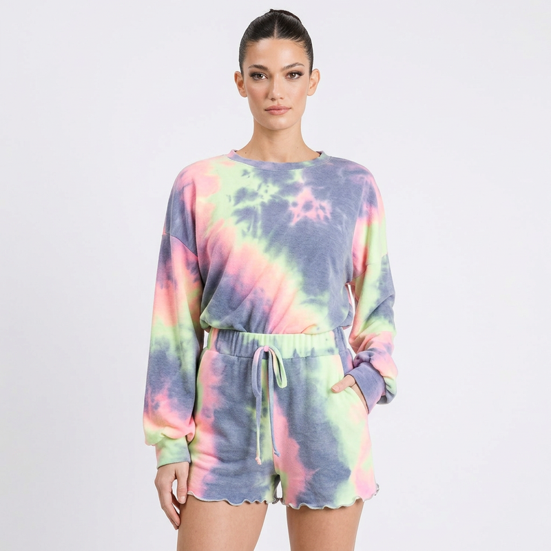 Conjunto de Lounge para Mujer Bliss | French Terry Tie-Dye, Shorts con Dobladillo de Lechuga