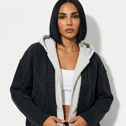 Cardigan à Capuche Tricoté Femme Brynn | Tricot Texturé en Diamant, Doublure de Capuche Contrastée