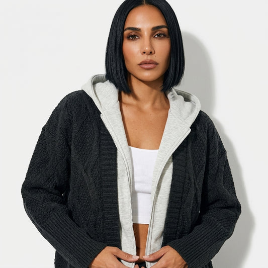 Cardigan à Capuche Tricoté Femme Brynn | Tricot Texturé en Diamant, Doublure de Capuche Contrastée