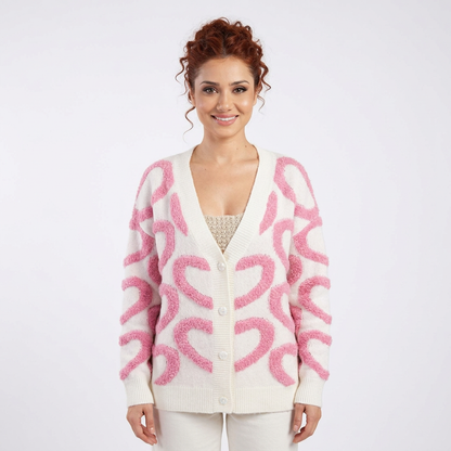 Cora Women's Cardigan | Textured Heart Print, Heart-Shaped Buttons