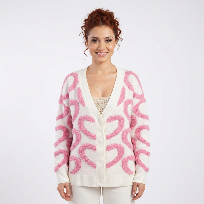 Cora Women's Cardigan | Textured Heart Print, Heart-Shaped Buttons