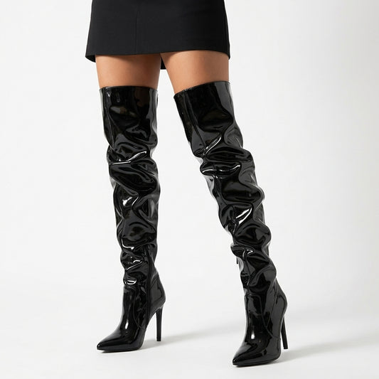 Eilyken Women's Black Thigh High Boots | Patent Leather, High Heels