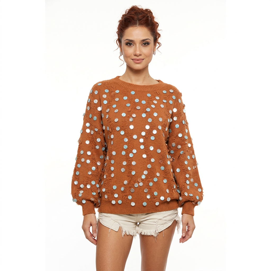 Elora Women's Spangled Sweater | Bishop Sleeves, Distressed Edge