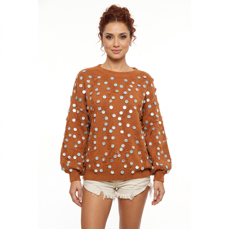 Elora Women's Spangled Sweater | Bishop Sleeves, Distressed Edge