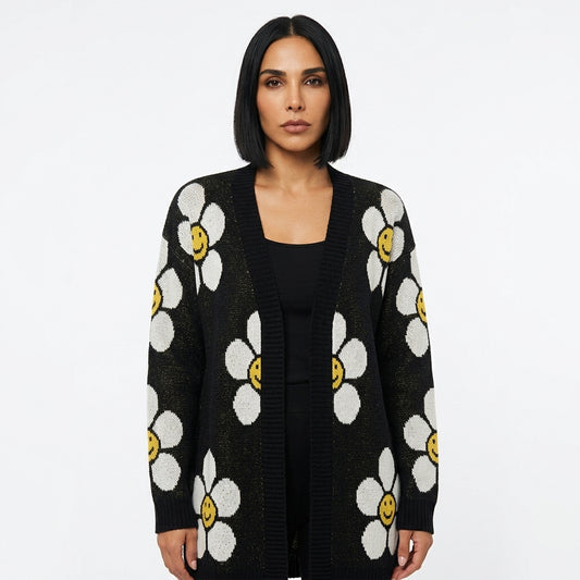 Petal Women's Longline Cardigan | Daisy Smiley Face Knit Pattern, Button Front