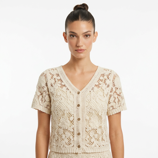 Cardigan femme Serafina | Dentelle crochet florale, mélange coton