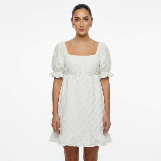 Sienna Women's Mini Dress | Textured Woven Ruching, Smocked Ruffle