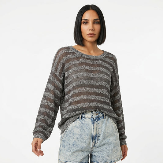 Stevie Women's Knit Sweater Top | Sheer Stripe Pattern, V-Neckline
