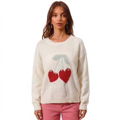 Suéter de punto para mujer Sweetheart | Motivo de intarsia de corazón de cereza, puños acanalados