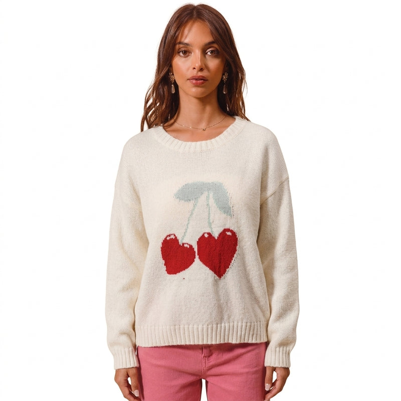 Suéter de punto para mujer Sweetheart | Motivo de intarsia de corazón de cereza, puños acanalados