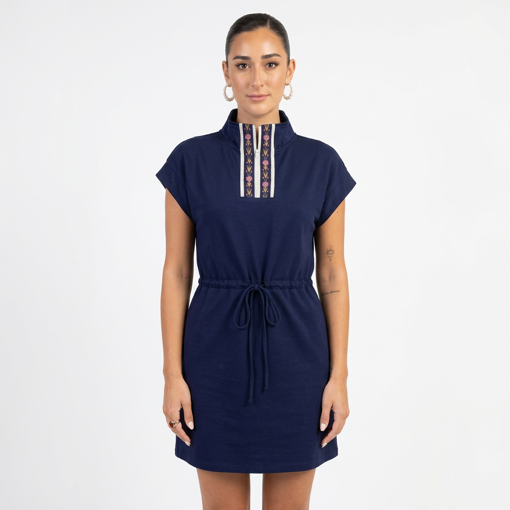 Udele Women's Dolman Sleeve Dress | Embroidered Zip Detail, Adjustable Waist