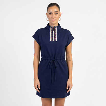 Udele Women's Dolman Sleeve Dress | Embroidered Zip Detail, Adjustable Waist