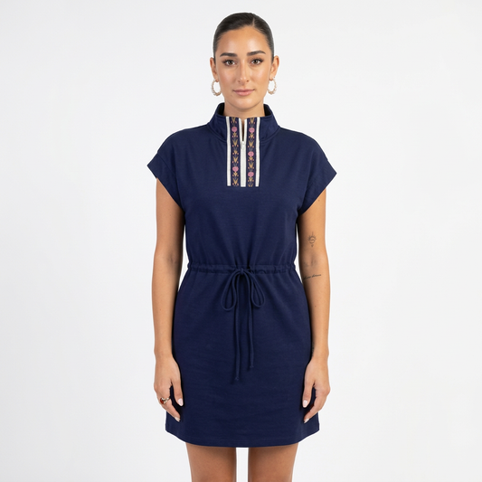 Udele Women's Dolman Sleeve Dress | Embroidered Zip Detail, Adjustable Waist