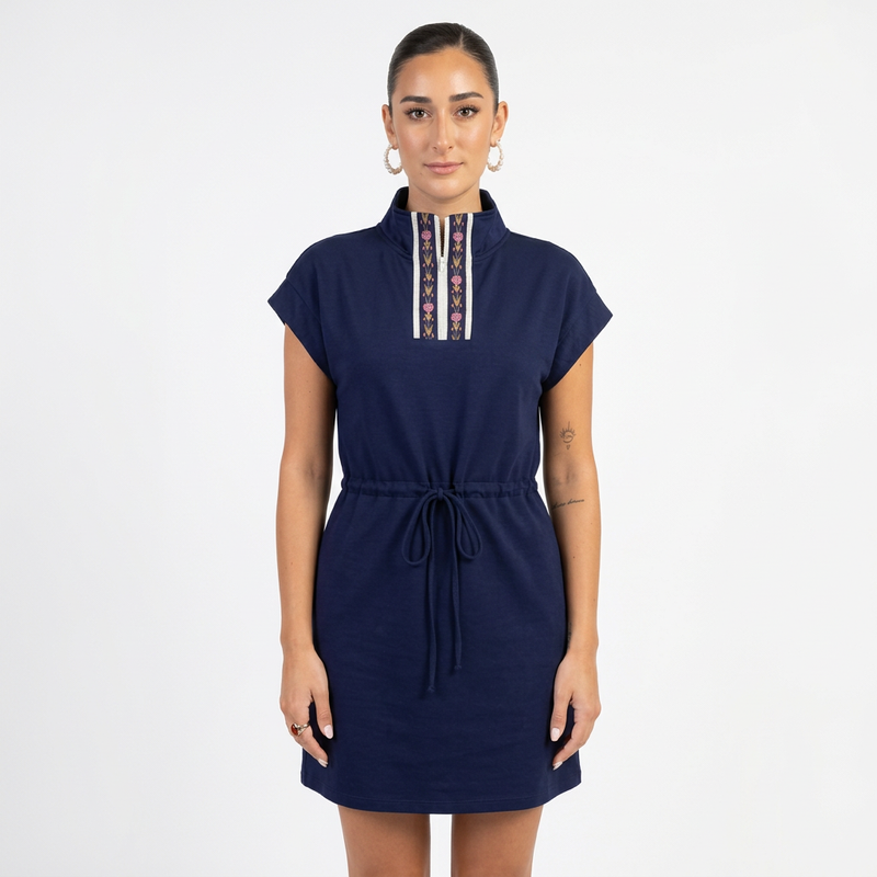 Udele Women's Dolman Sleeve Dress | Embroidered Zip Detail, Adjustable Waist