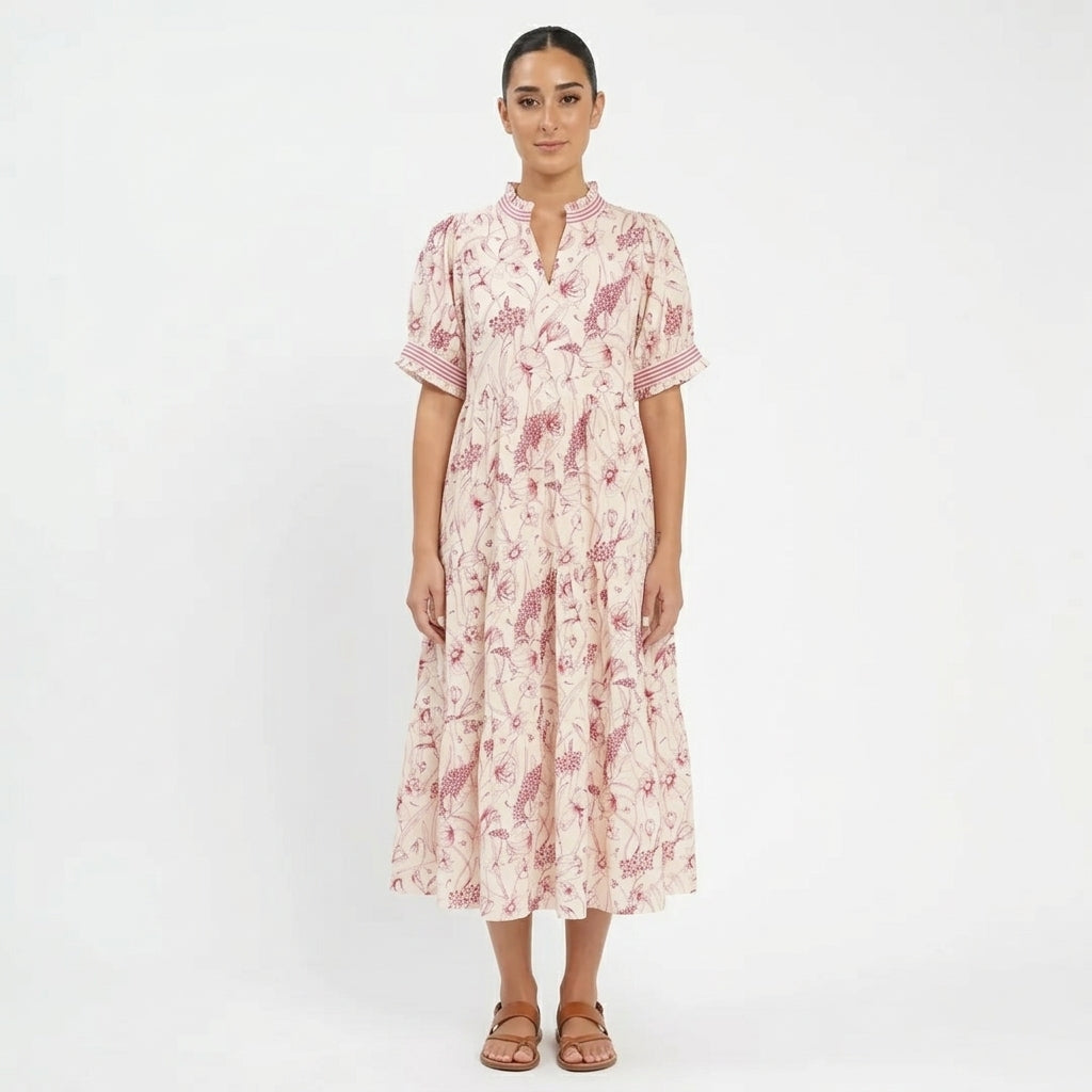 Ulani Women's Midi Dress | Botanical Floral Print, Striped Cuff Detail