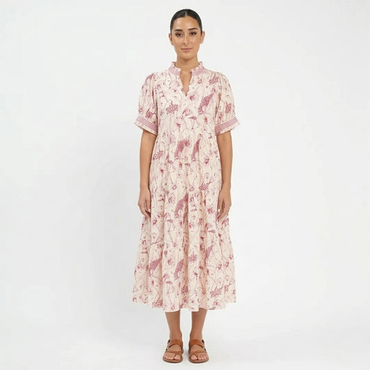 Ulani Women's Midi Dress | Botanical Floral Print, Striped Cuff Detail