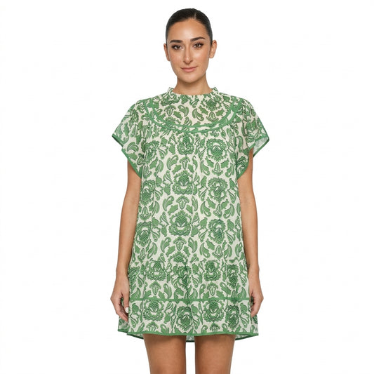 Uliana Women's Babydoll Mini Dress | Green Damask Print, Tiered Ruffle Hem