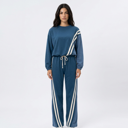 Gemma Women's Two-Piece Sweat Set | Diagonal Stripe Detail, Wide-Leg Drawstring Pants