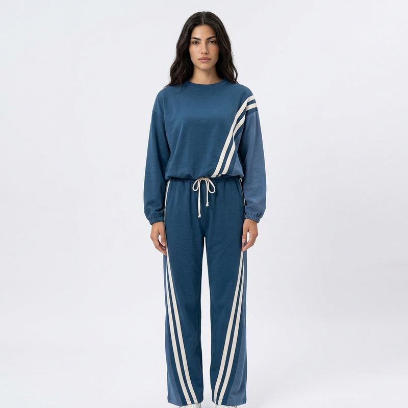 Gemma Women's Two-Piece Sweat Set | Diagonal Stripe Detail, Wide-Leg Drawstring Pants