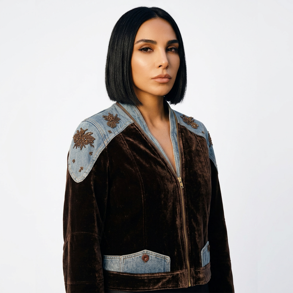 Bomber pour femme Delara | Patchwork velours et denim, épaules brodées de perles