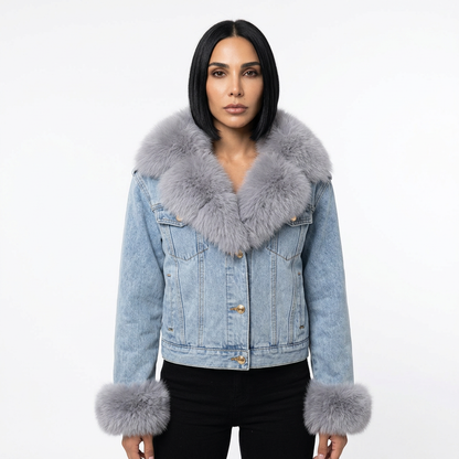 Nina Women's Denim Jacket | Faux Fur Collar, Warm Parka