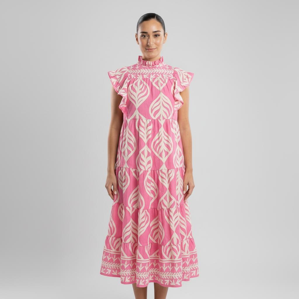 Uma Women's Maxi Dress | Leaf Print Tiered, Rayon Blend