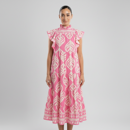 Uma Women's Maxi Dress | Leaf Print Tiered, Rayon Blend