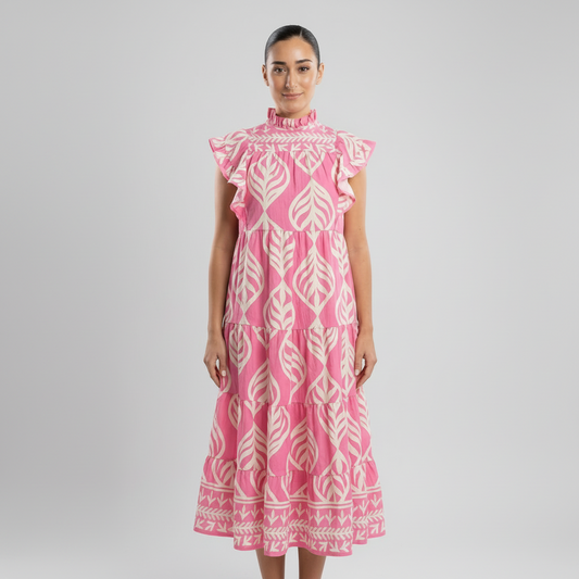 Uma Women's Maxi Dress | Leaf Print Tiered, Rayon Blend