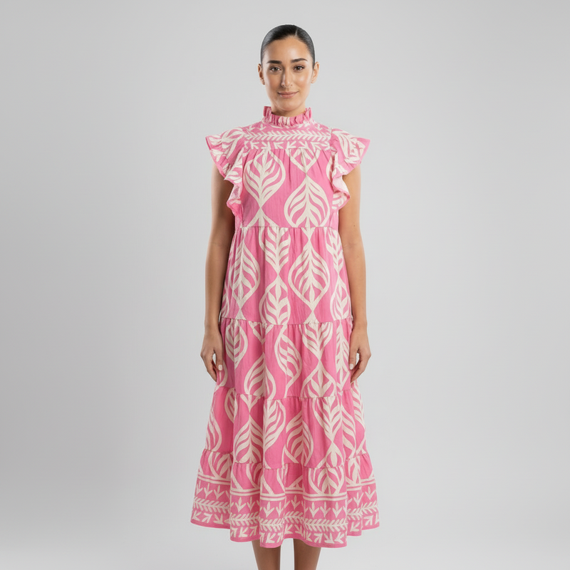 Uma Women's Maxi Dress | Leaf Print Tiered, Rayon Blend