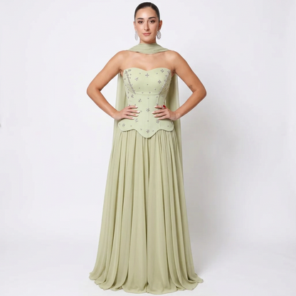 Celeste Women's Evening Gown | Crystal Embellished Corset, Flowing Cape Skirt