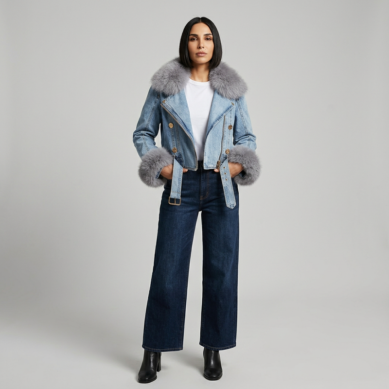 Nina Women's Denim Jacket | Faux Fur Collar, Warm Parka