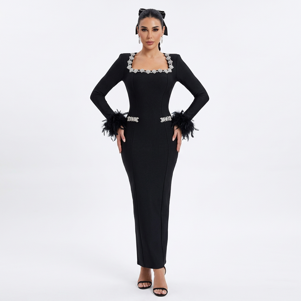 Juniper Nina Women's Maxi Dress | Elegant Feather Design, Formal Wear