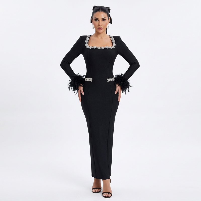 Juniper Nina Women's Maxi Dress | Elegant Feather Design, Formal Wear