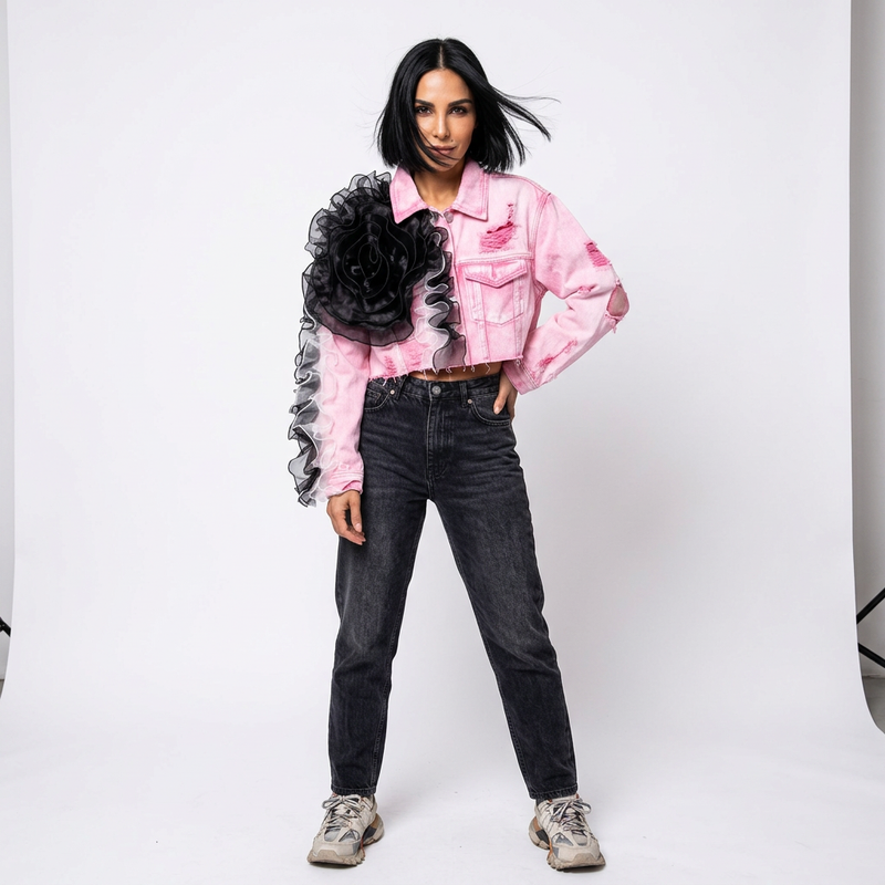 Dalia Women's Cropped Denim Jacket | 3D Organza Rose Appliqué, Distressed Raw Hem