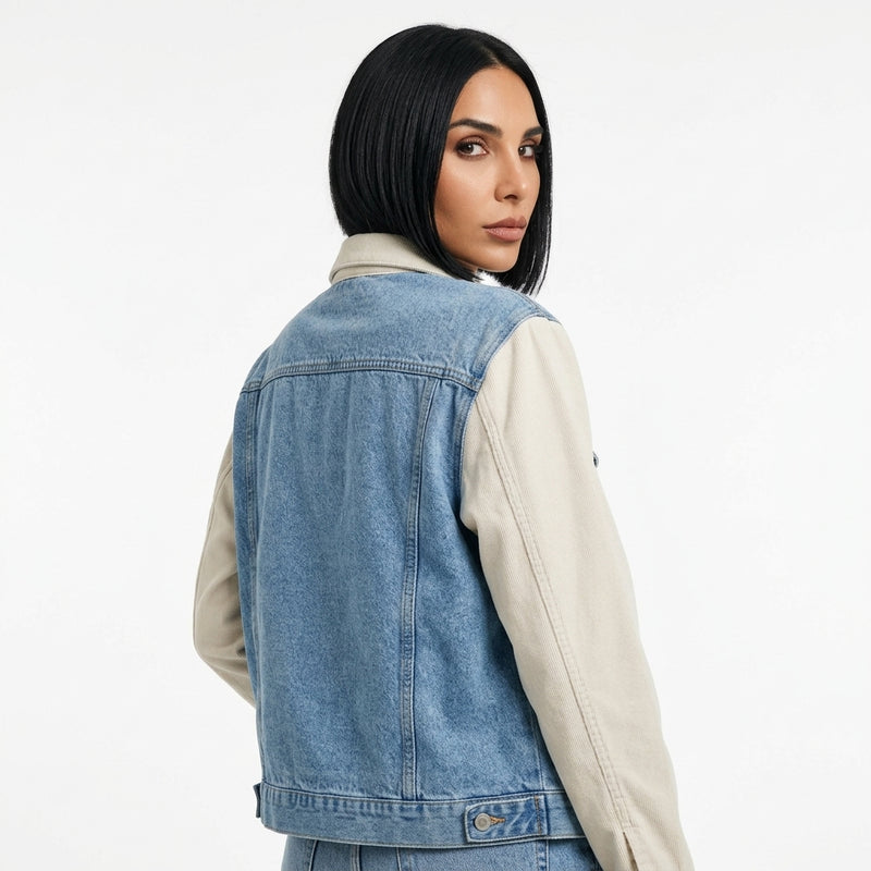 Ainsley Women's Mixed Media Denim Jacket | Double Placket, Contrast Sleeves