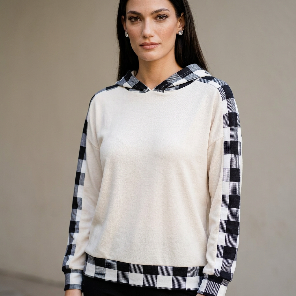 Amara Women's Lounge Set | Drawstring Hooded Top, Plaid Pants